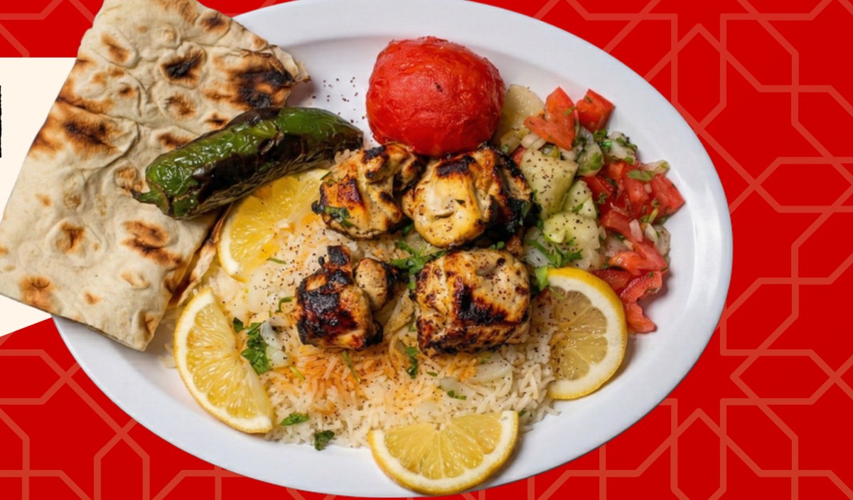 Chicken Shish Kabob plate with rice, salad, lavash, grilled tomato and pepper