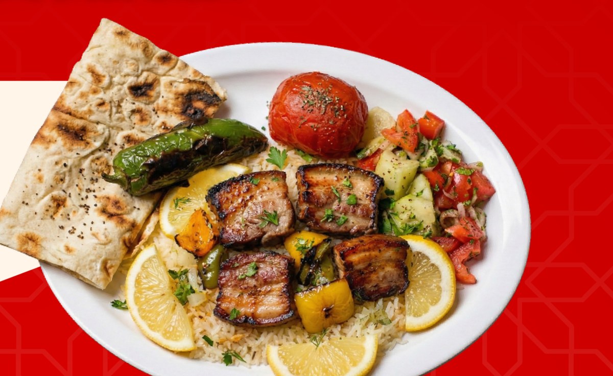 Pork Belly BBQ plate with rice, salad, lavash, grilled tomato and pepper