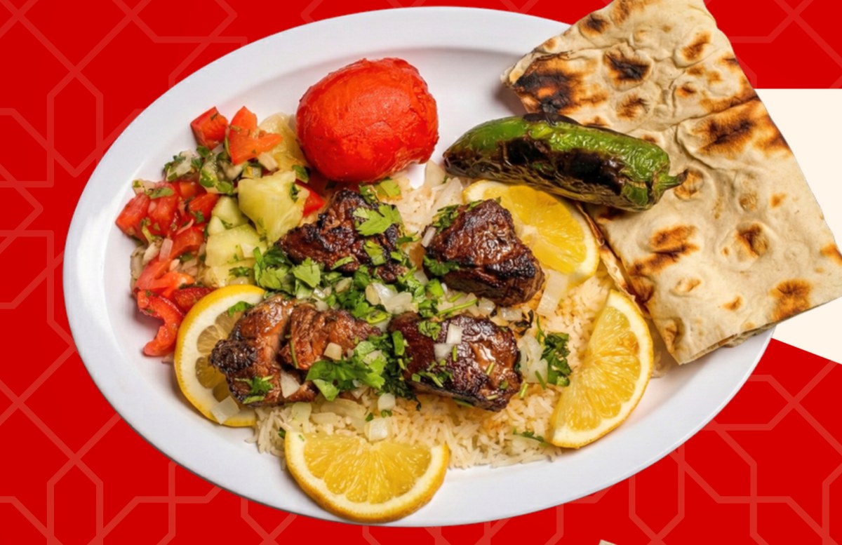 Beef Shish Kabob plate with rice, salad, lavash, grilled tomato and pepper